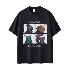Camiseta preta de Dark Souls com Lordran Dark Days, quatro personagens em quadros