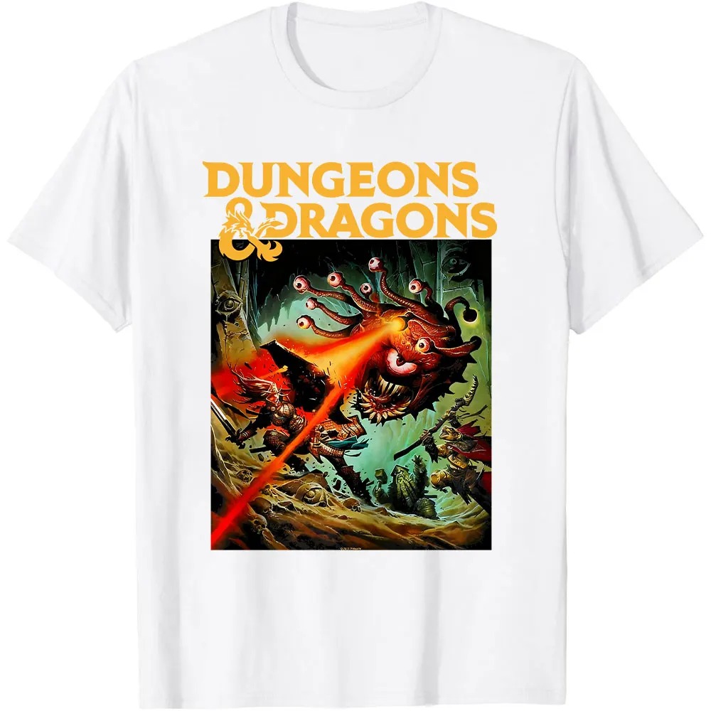 Camiseta branca com logo de Dungeons & Dragons e a cena do Beholder