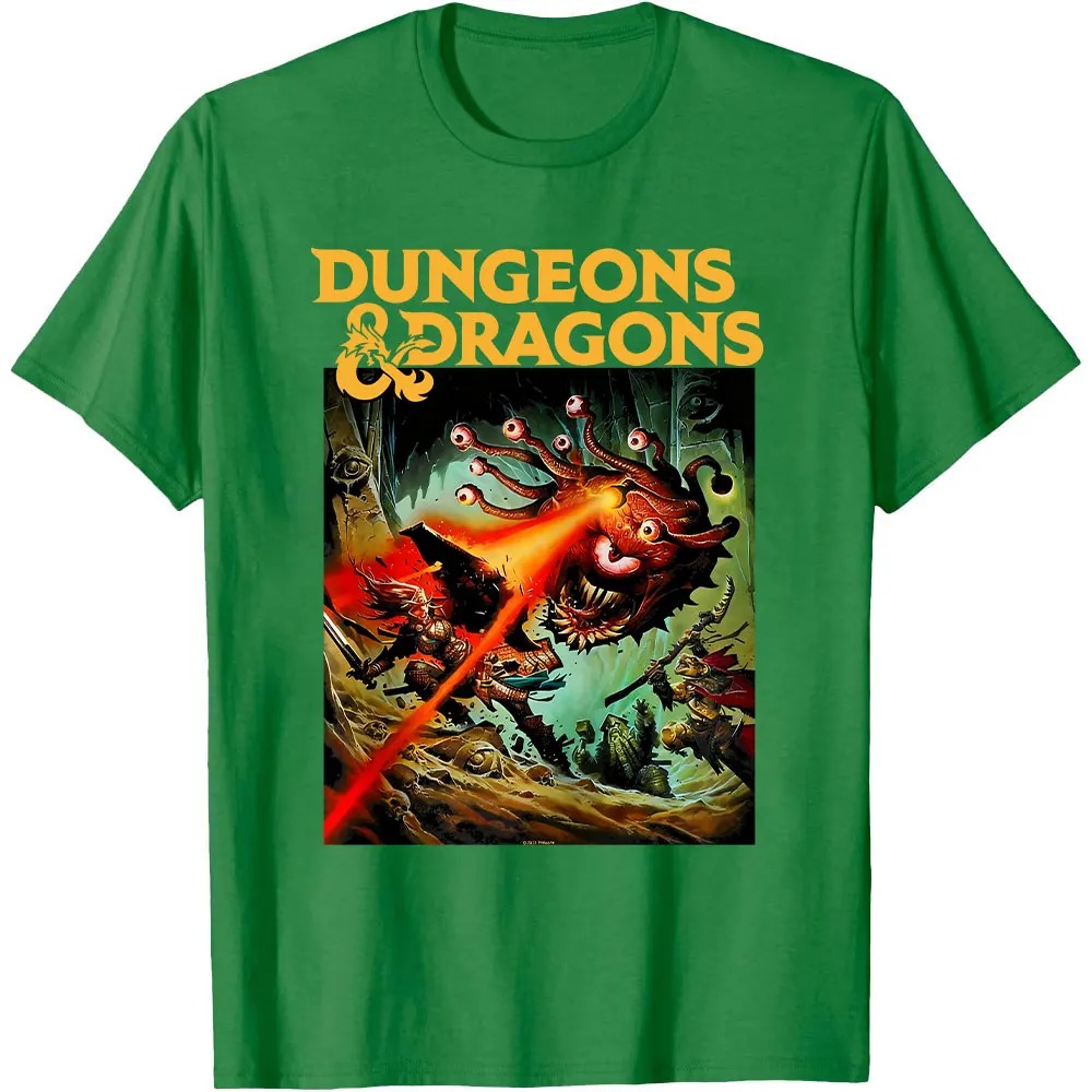 Camiseta verde com logo de Dungeons & Dragons e a cena do Beholder