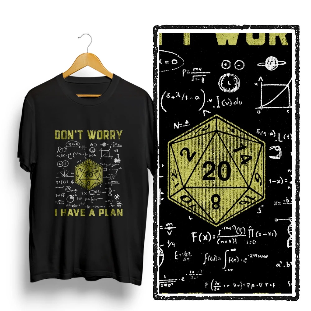Camiseta preta de Dungeons & Dragons com D20 e a frase Don't worry I have a plan