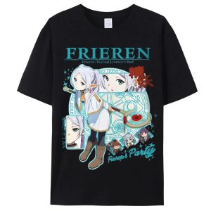 Camiseta preta com Frieren, Fern e Stark no estilo Frieren's Party