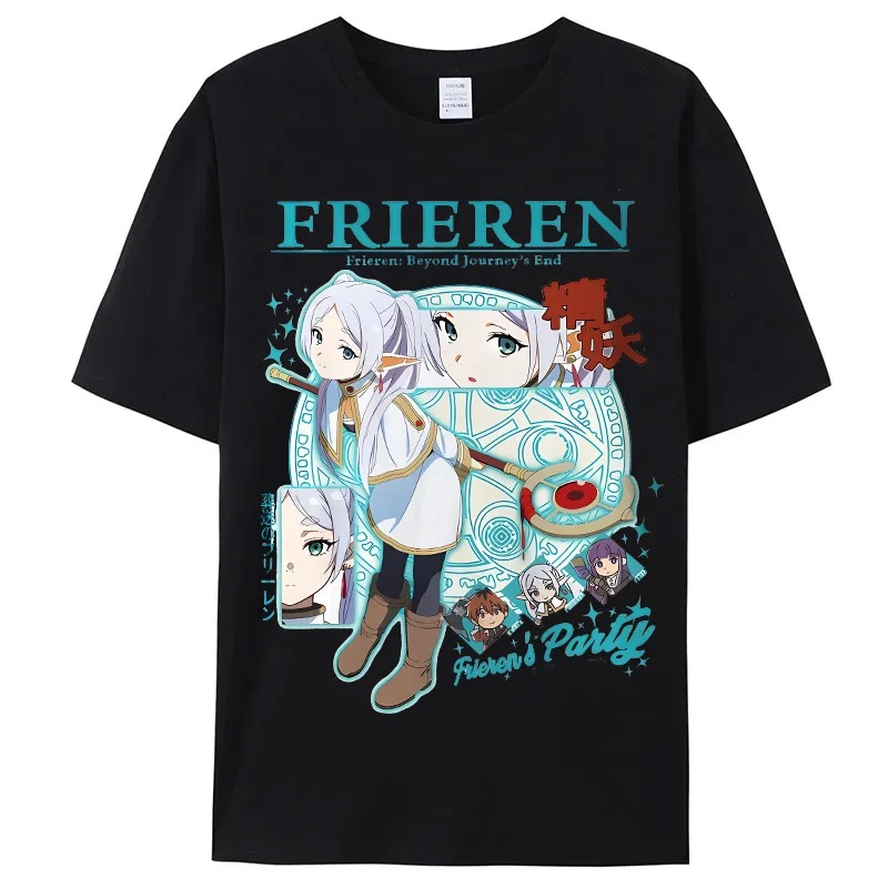 Camiseta preta com Frieren, Fern e Stark no estilo Frieren's Party