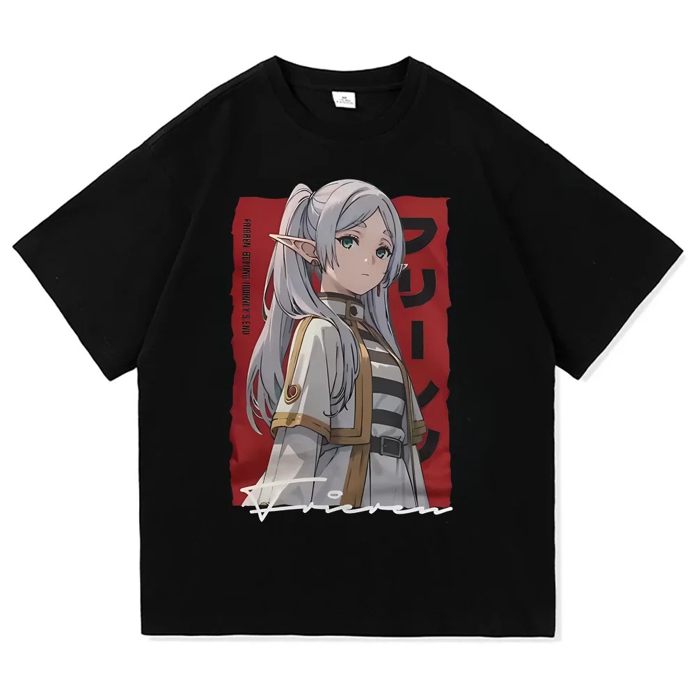 Camiseta preta com a Frieren sozinha numa faixa vermelha