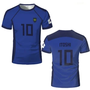 Camiseta azul de Blue Lock com o número 10, frente e costas