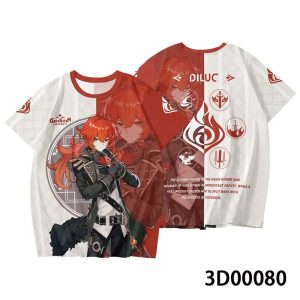 Estampa 3D do Diluc em camiseta branca e vermelha de Genshin Impact, frente e costas