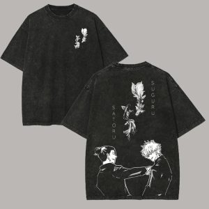 Camiseta preta lavada, frente e costas, com Gojo e Geto em traço branco, Jujutsu Kaisen