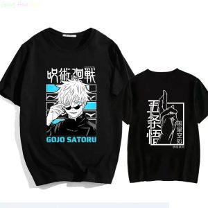 Camiseta preta com Gojo Satoru de óculos escuros e letras azuis, frente e costas, Jujutsu Kaisen