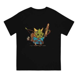 Camiseta preta com herói de máscara de Korok, arco e espada de madeira, de Zelda