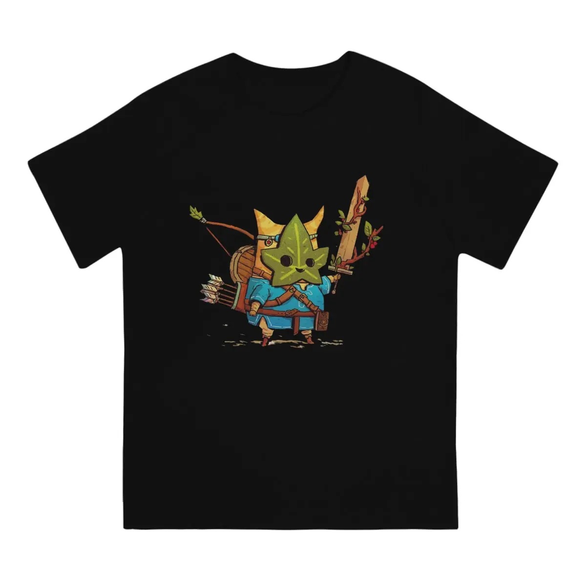 Camiseta preta com herói de máscara de Korok, arco e espada de madeira, de Zelda