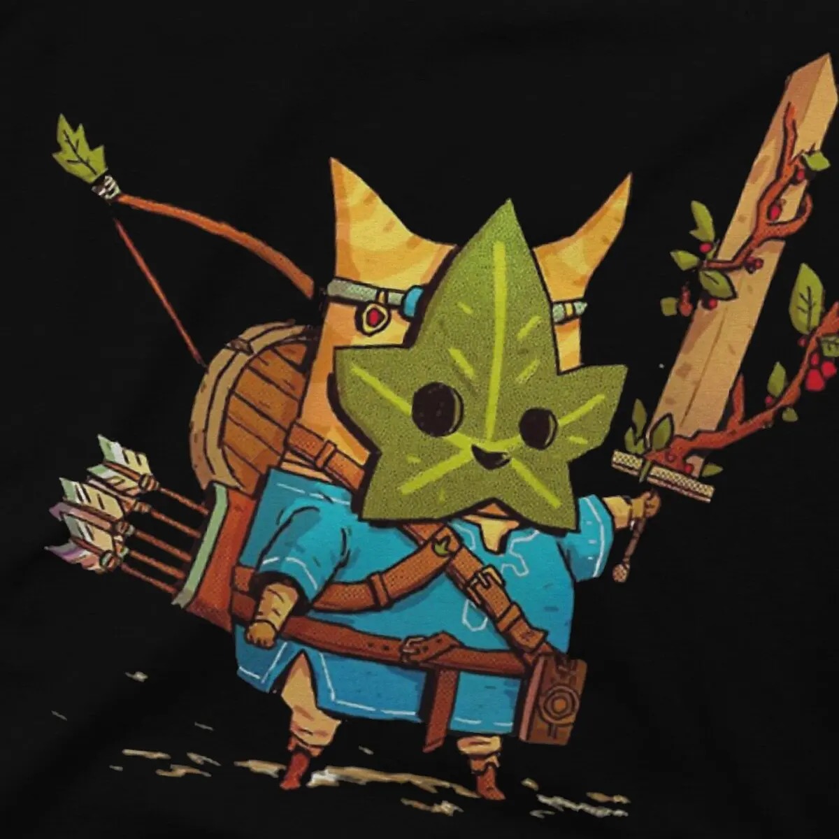 Estampa do herói com máscara de folha de Korok, em detalhe
