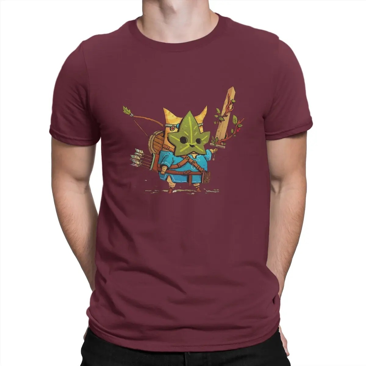 Modelo vestindo a camiseta Korok de Zelda na cor vinho