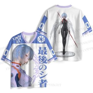 Camiseta jersey branca com Rei Ayanami, Evangelion, na frente e a personagem com lança atrás