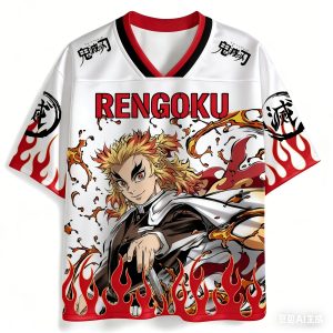 Camiseta jersey branca do Rengoku, Demon Slayer, com gola V vermelha e chamas na barra