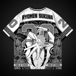 Camiseta branca jersey com Ryomen Sukuna, número 20 e King of Curses nas costas, de Jujutsu Kaisen