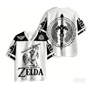 Jersey branca e preta de Zelda, Link com escudo e Master Sword na frente e nas costas