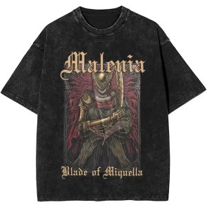 Arte da Malenia, Blade of Miquella, em camiseta preta lavada de Elden Ring
