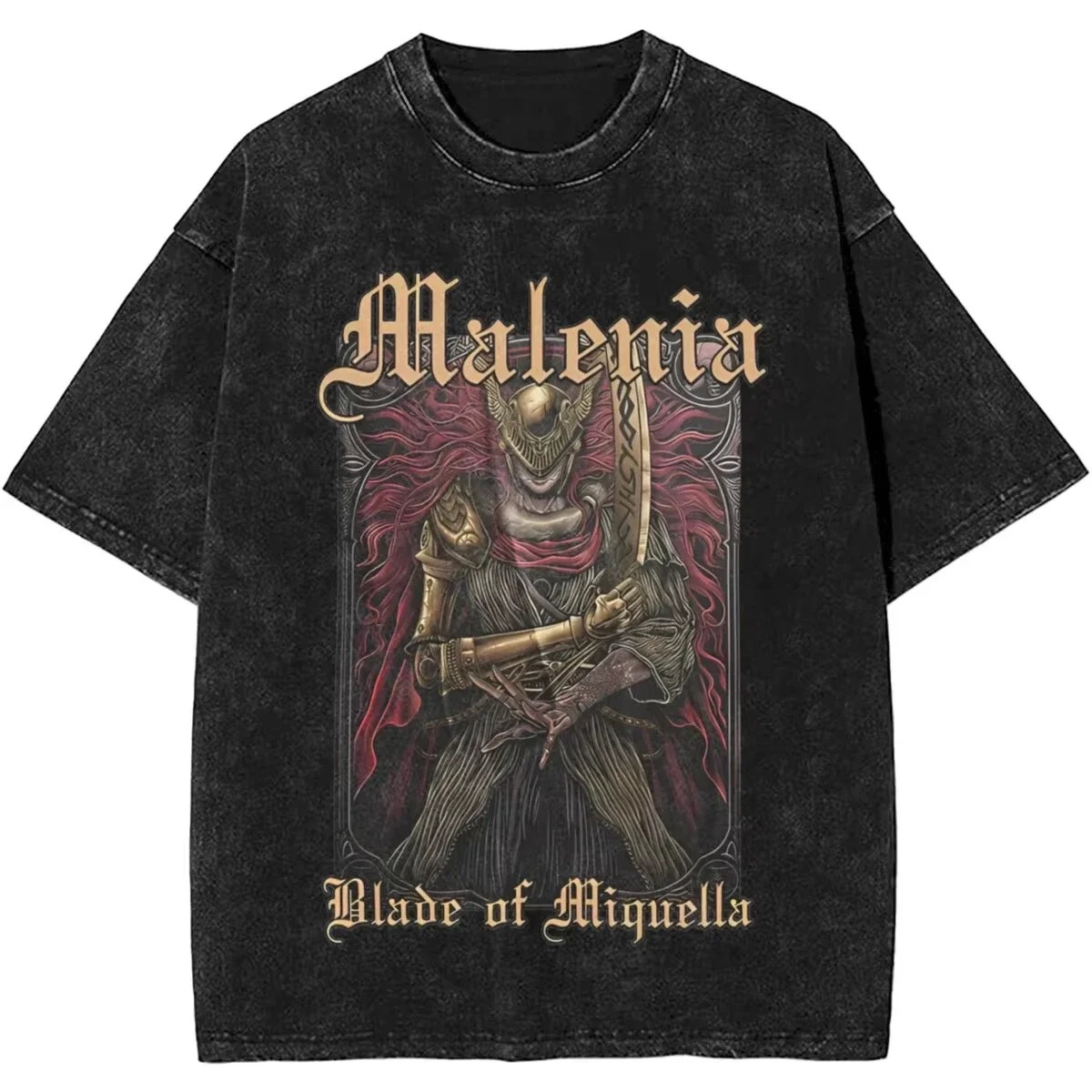 Arte da Malenia, Blade of Miquella, em camiseta preta lavada de Elden Ring