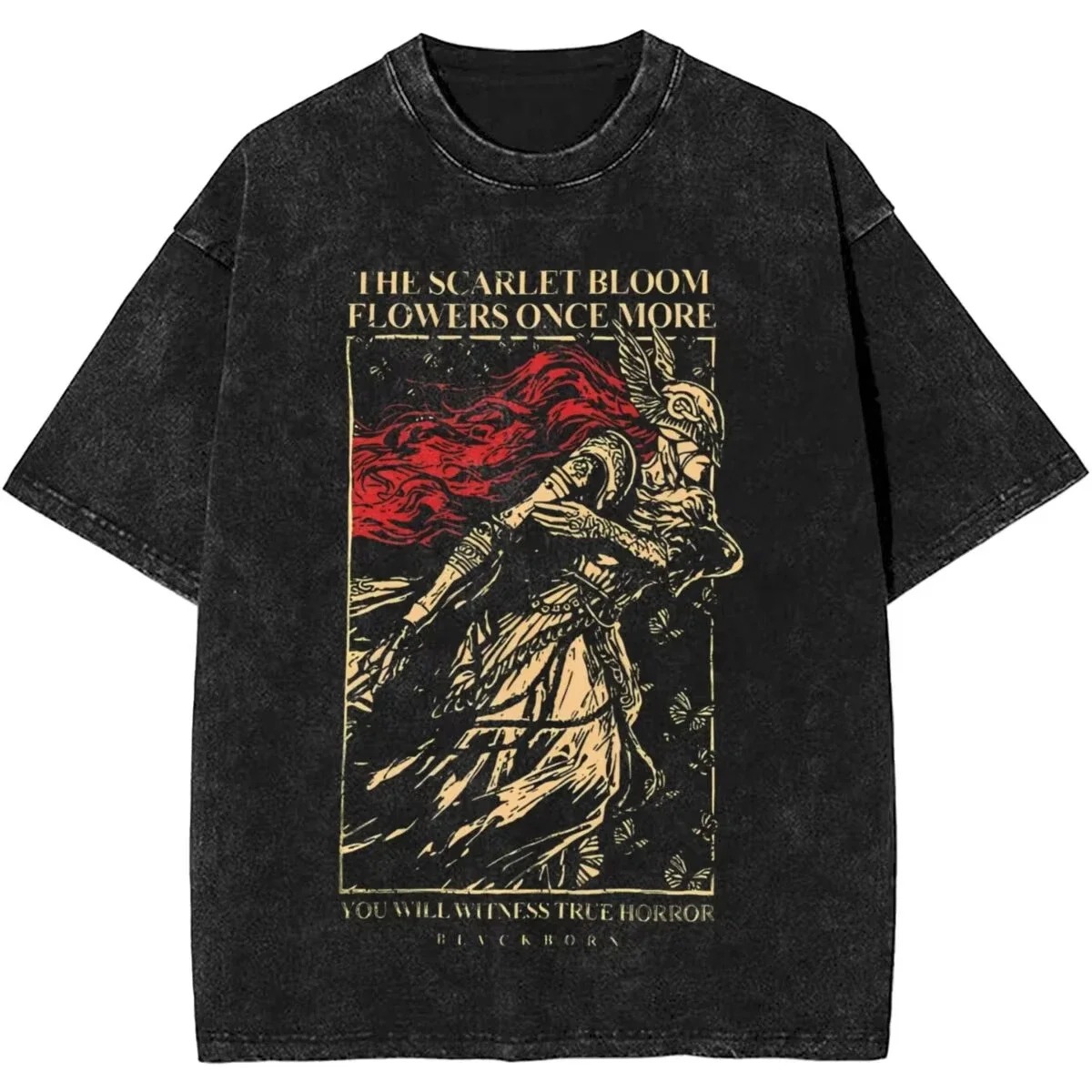 Flor escarlate e frase The scarlet bloom flowers once more em camiseta preta lavada de Elden Ring