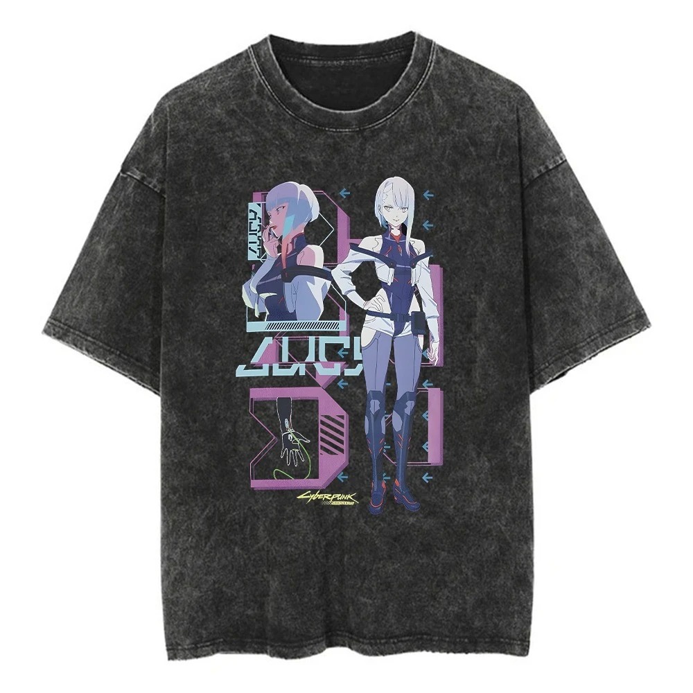 Camiseta preta lavada com Lucy e o logo roxo e azul de Cyberpunk: Edgerunners
