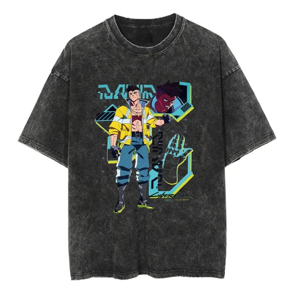 Camiseta preta lavada com David de jaqueta amarela em arte neon, de Edgerunners