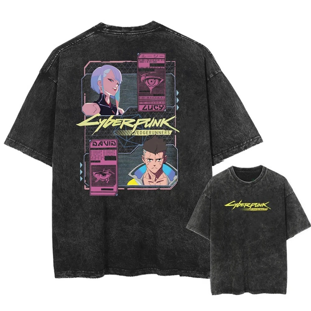 Camiseta preta lavada com Lucy e David nas costas e o logo na frente