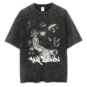Camiseta cinza-escuro lavada com arte verde da Maki Zenin, Jujutsu Kaisen