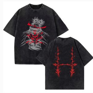 Camiseta preta lavada com o Choso em cinza e vermelho e respingos de sangue nas costas, de Jujutsu Kaisen