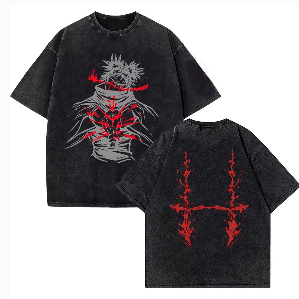 Camiseta preta lavada com o Choso em cinza e vermelho e respingos de sangue nas costas, de Jujutsu Kaisen