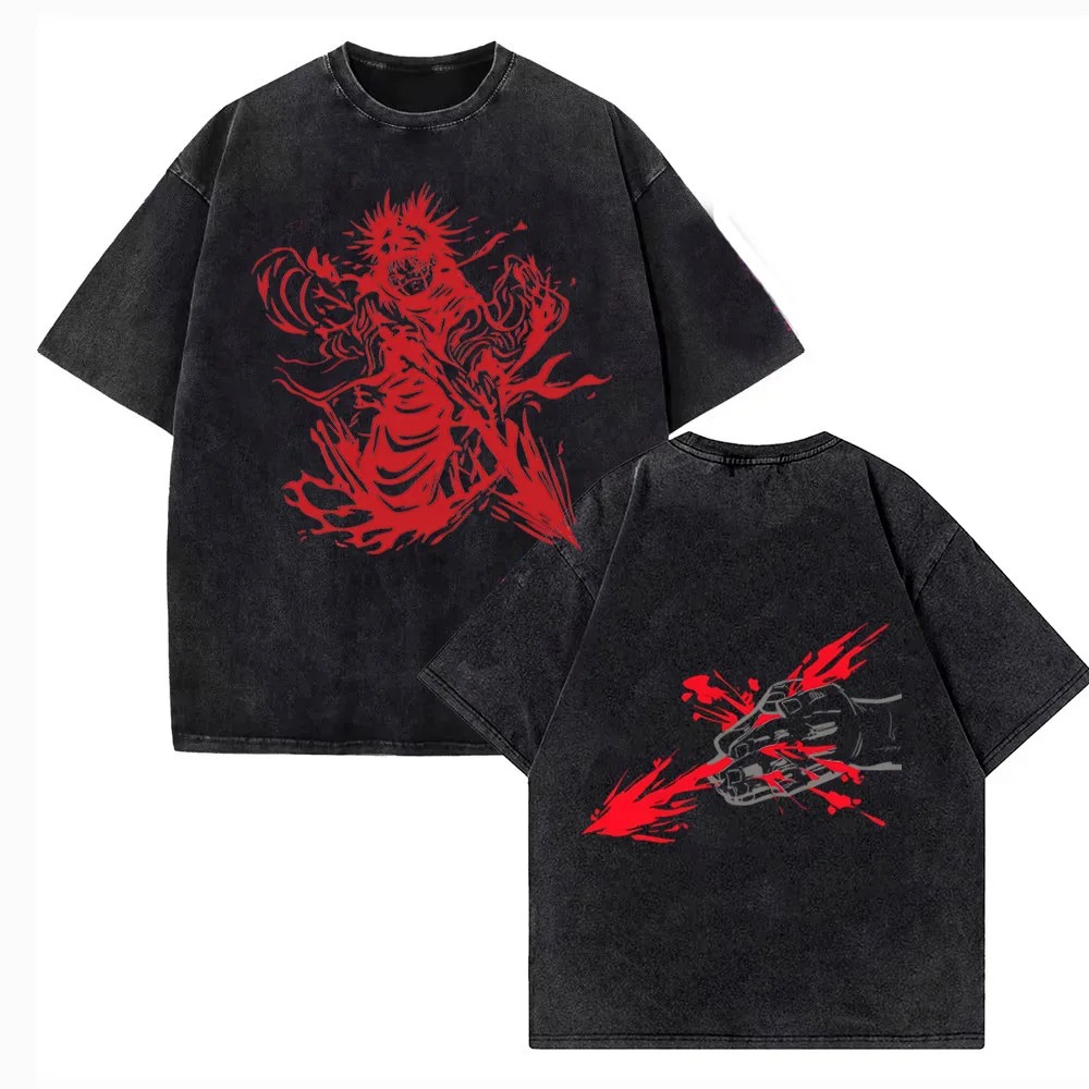 Camiseta preta lavada com o Choso em vermelho na frente e nas costas, de Jujutsu Kaisen