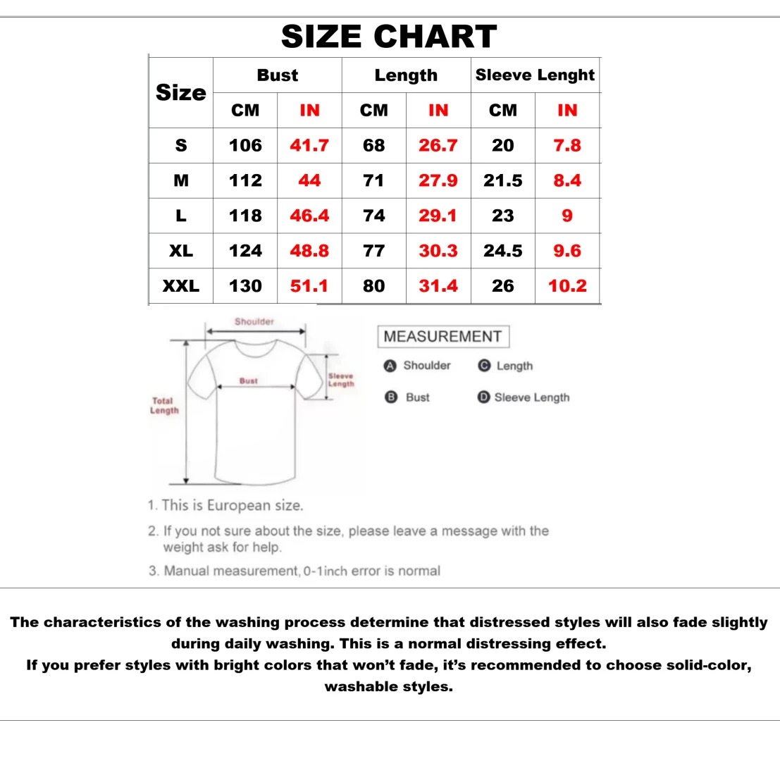 Tabela de medidas da camiseta lavada de Stranger Things, em cm e polegadas, do S ao XXL