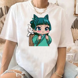 Camiseta branca com a Maomao chibi e um gato, de Diários de uma Apotecária