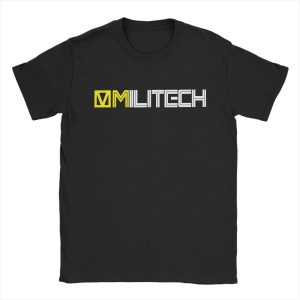 Camiseta preta com o logo da Militech em amarelo e branco, de Cyberpunk 2077