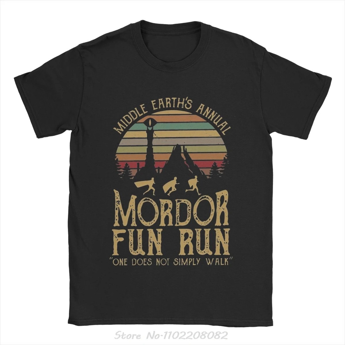 Camiseta preta retrô Mordor Fun Run com o Olho de Sauron, de O Senhor dos Anéis
