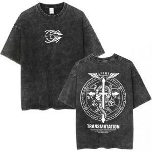 Camiseta preta estonada de Fullmetal Alchemist, com símbolo na frente e círculo de transmutação nas costas