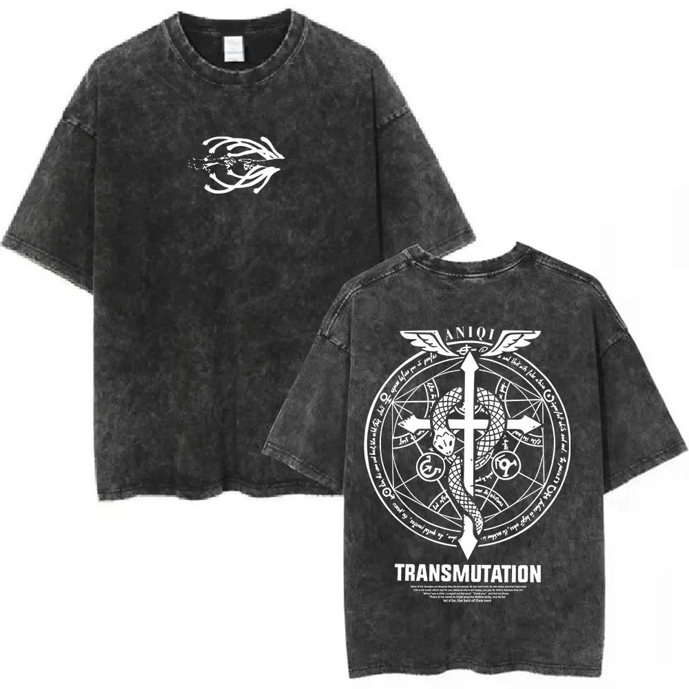 Camiseta preta estonada de Fullmetal Alchemist, com símbolo na frente e círculo de transmutação nas costas