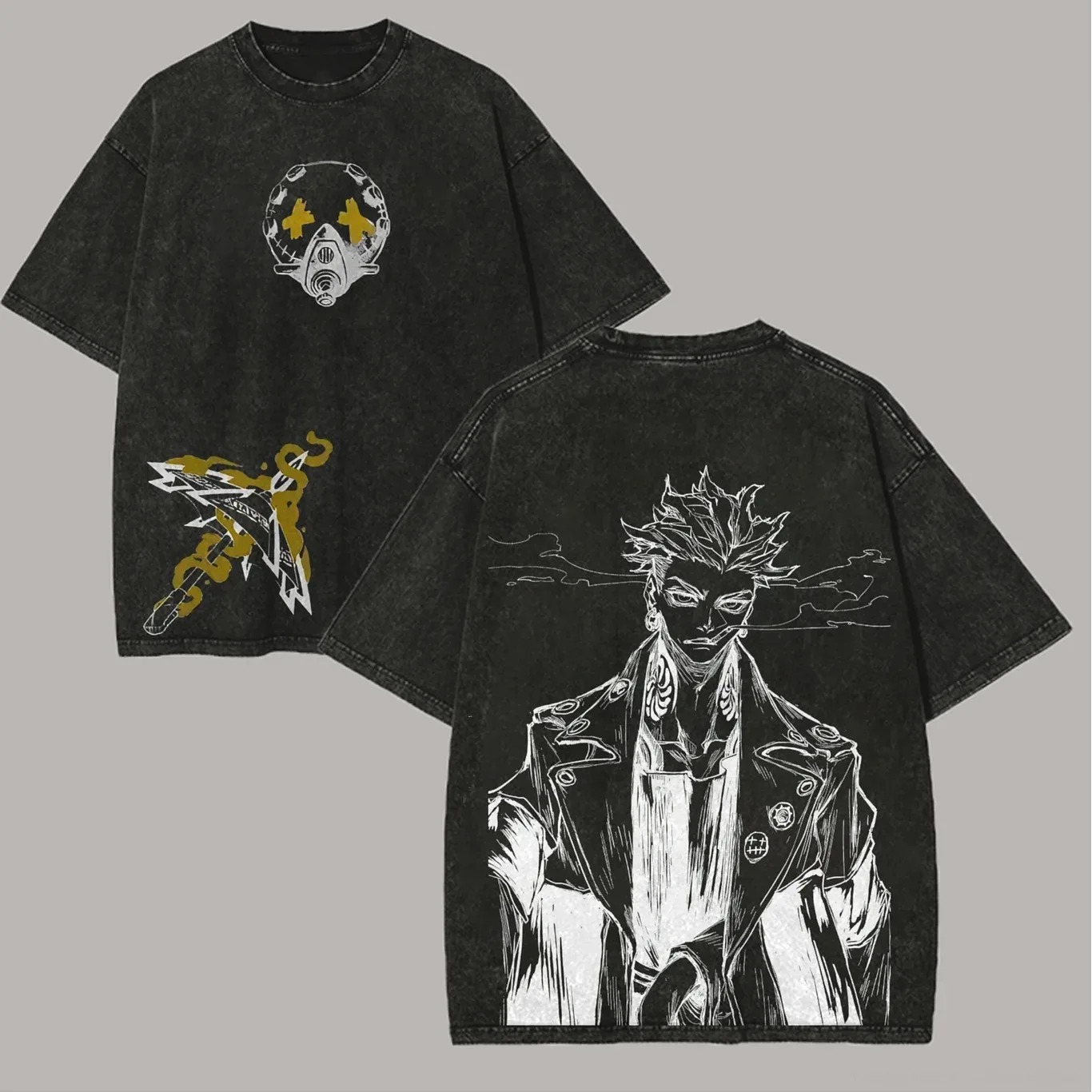 Camiseta preta lavada de Gachiakuta com personagem em traço branco atrás e símbolo no peito