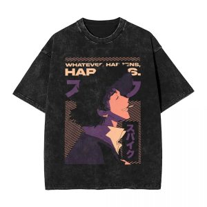 Camiseta preta lavada de Cowboy Bebop com o Spike Spiegel e a frase Whatever happens, happens