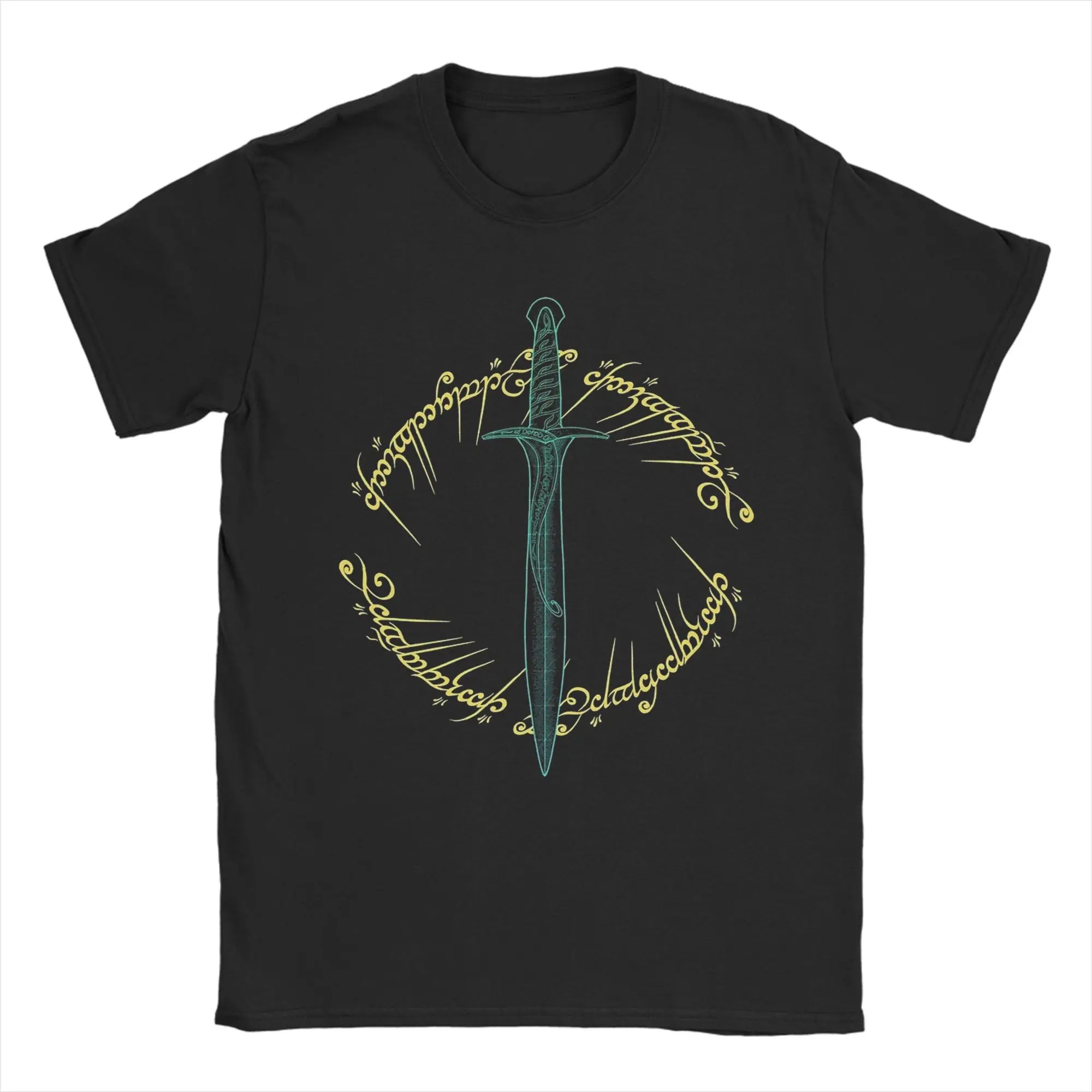Camiseta preta com a espada Sting dentro do anel com inscrição, de O Senhor dos Anéis