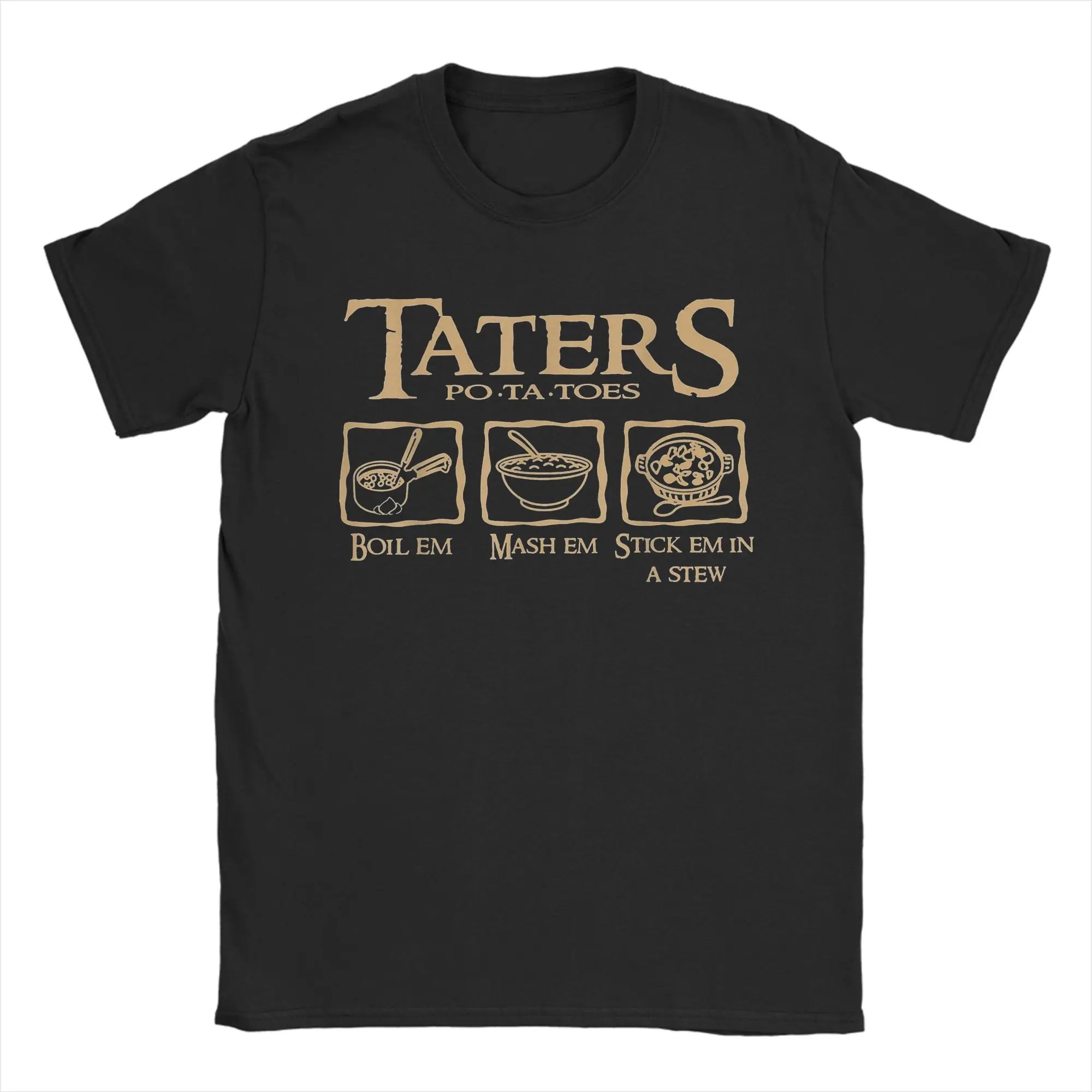 Camiseta preta Taters Po-ta-toes com três etapas de preparo, de O Senhor dos Anéis