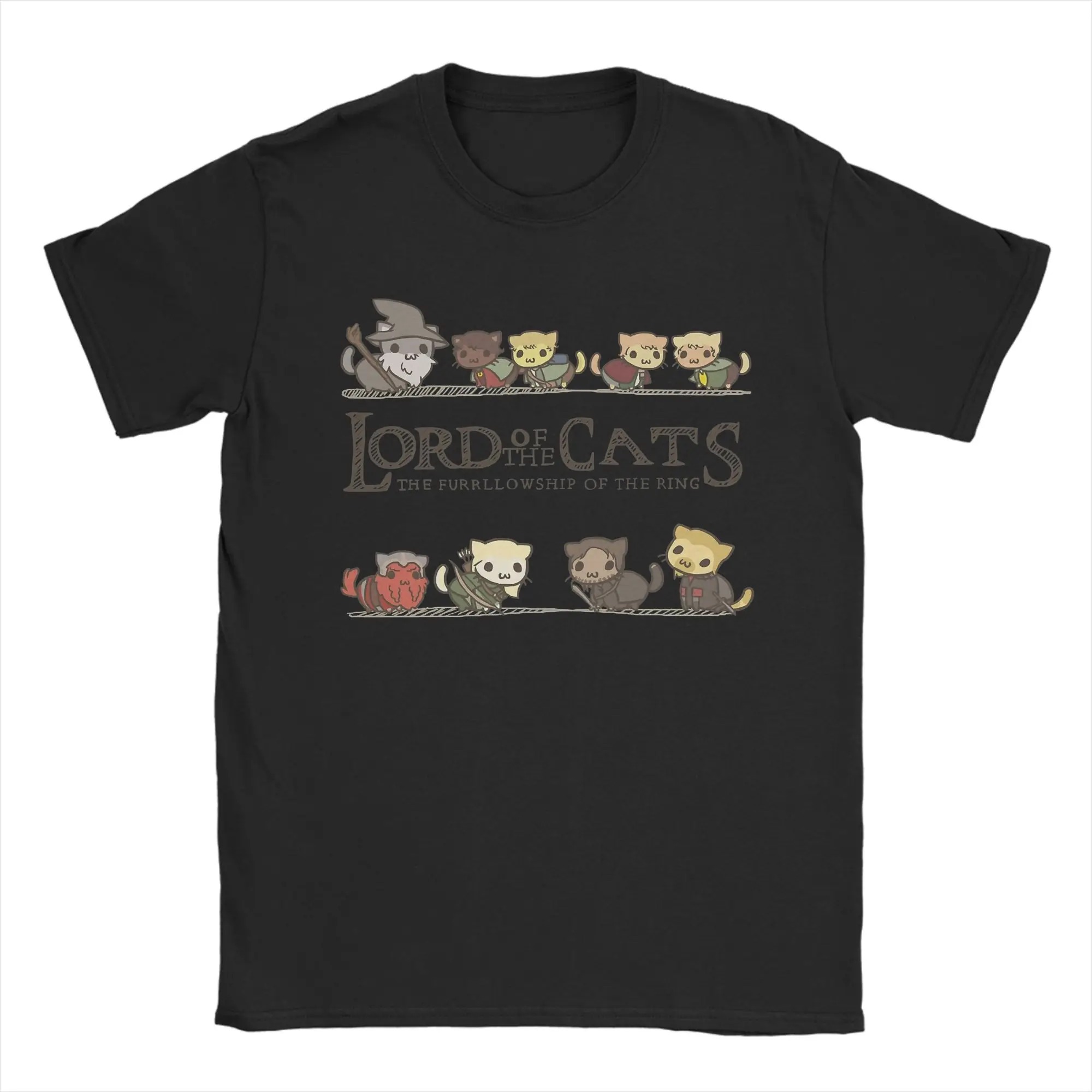 Camiseta preta Lord of the Cats, com gatos no lugar da Sociedade do Anel