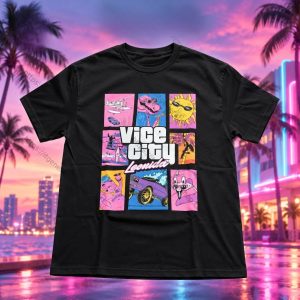 Camiseta preta com quadros coloridos de Vice City, no estilo de Grand Theft Auto