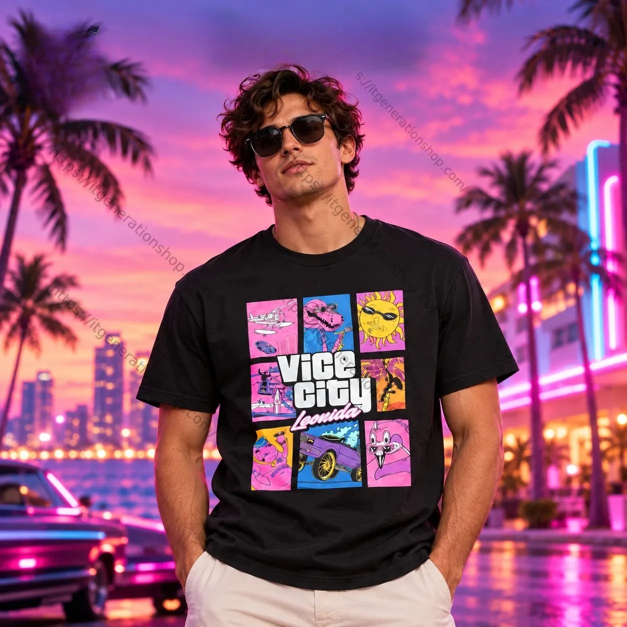 Homem de camiseta preta Vice City, com palmeiras e céu neon na estampa