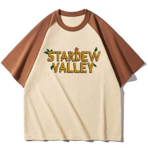 Raglã bege de mangas marrons com o logo de Stardew Valley no peito