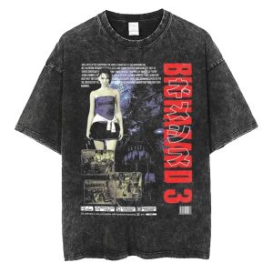 Camiseta preta lavada com a estampa de Biohazard 3, Resident Evil, com a Jill Valentine