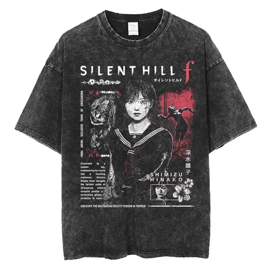 Camiseta preta lavada com a estampa de Silent Hill f e a personagem Hinako Shimizu
