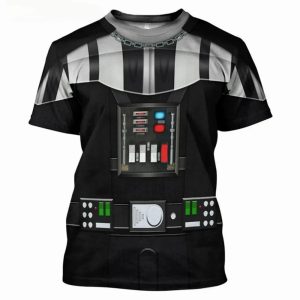 Estampa 3D que imita a armadura preta de Darth Vader em camiseta de Star Wars