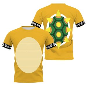 Camiseta amarela do Bowser com barriga na frente e casco verde de espinhos atrás, Super Mario