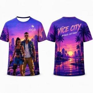 Camiseta roxa de Vice City com casal ao pôr do sol e palmeiras, estilo GTA VI
