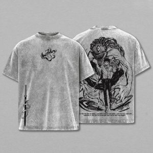Camiseta cinza lavada, frente e costas, com Yuta Okkotsu e Rika, Jujutsu Kaisen