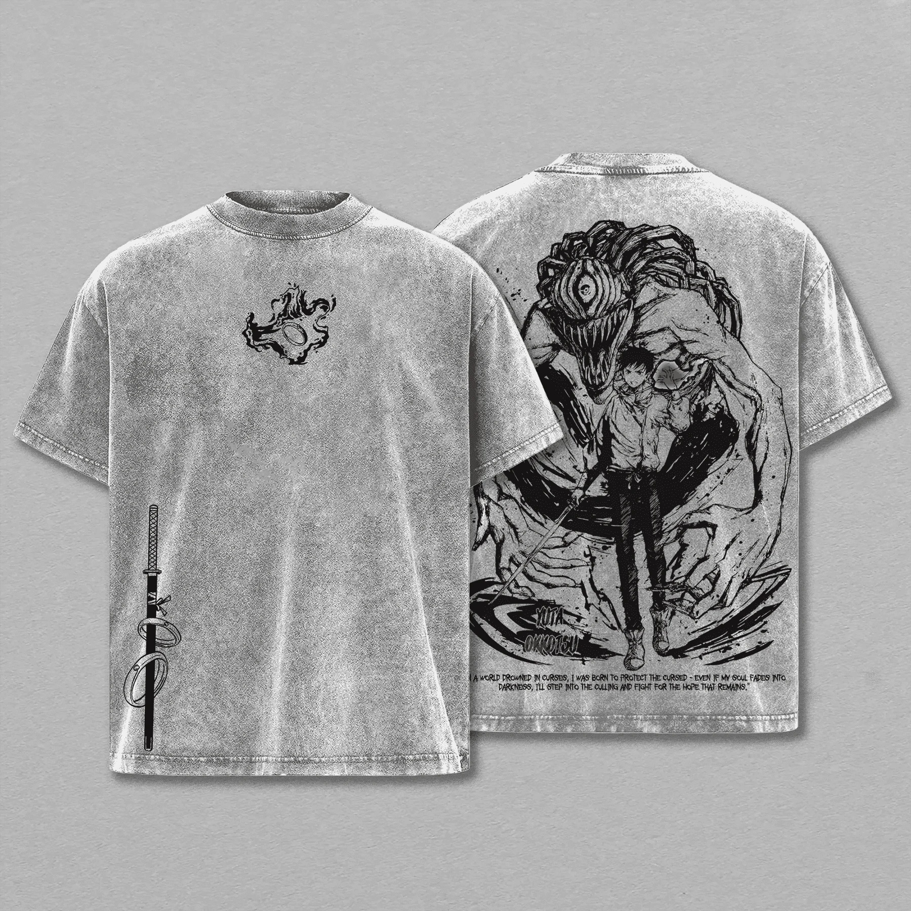 Camiseta cinza lavada, frente e costas, com Yuta Okkotsu e Rika, Jujutsu Kaisen